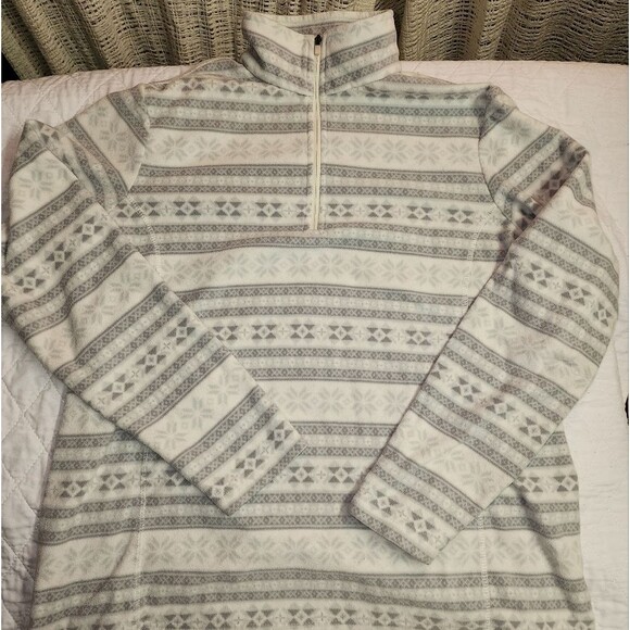 Lands end womens pullover fair isle white grey full zip fleece size large winter - Picture 4 of 9